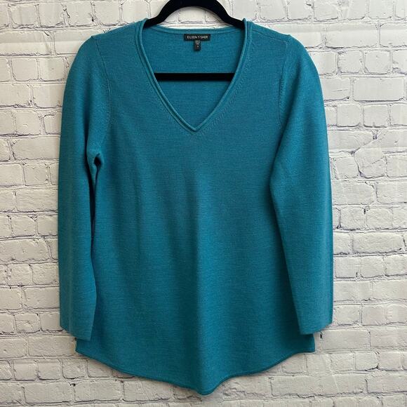 Eileen Fisher Blue Merino Wool Long Sleeve Tunic Shirt Small V Neck *FLAW* - Picture 1 of 8